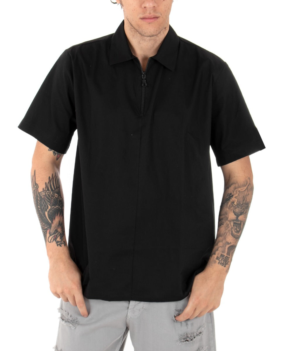 Men's T-shirt Short Sleeves Zipper Neck Solid Color Black GIOSAL