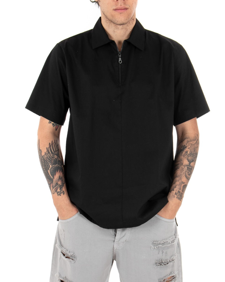 Men's T-shirt Short Sleeves Zipper Neck Solid Color Black GIOSAL