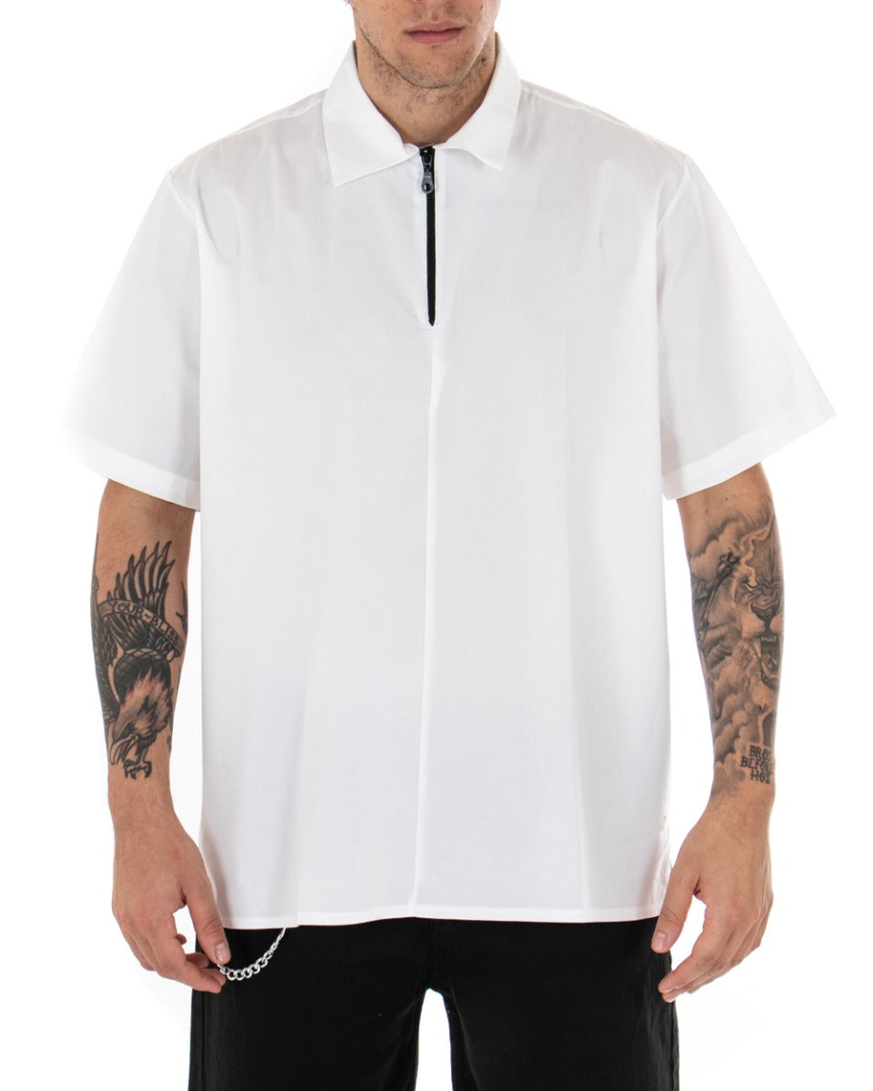 Men's T-shirt Short Sleeves Zipper Neck Solid White GIOSAL