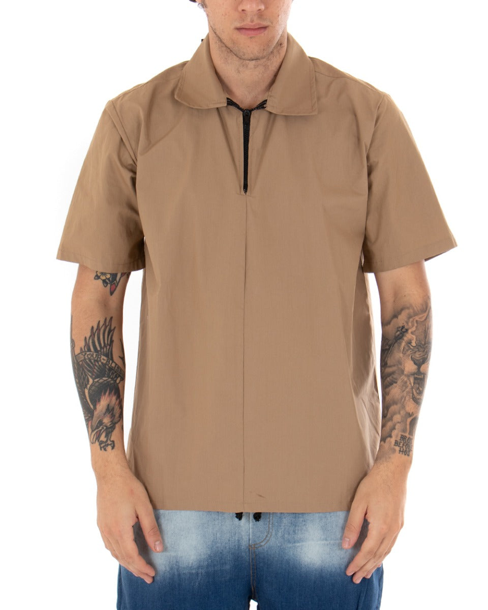 Men's T-shirt Short Sleeves Zipper Neck Solid Color Camel GIOSAL
