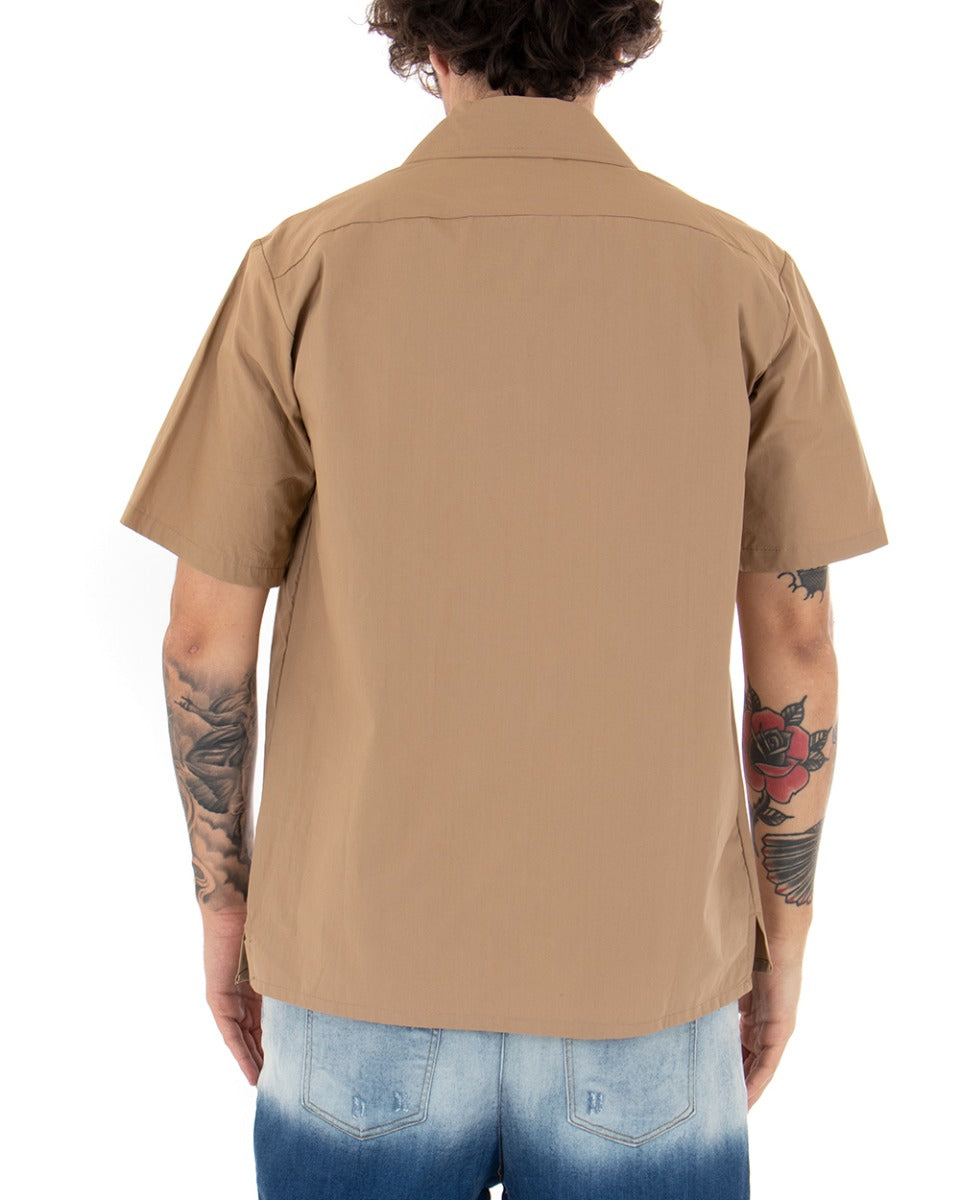 T-shirt Uomo Maniche Corte Cerniera Collo Tinta Unita Camel GIOSAL-TS2554A