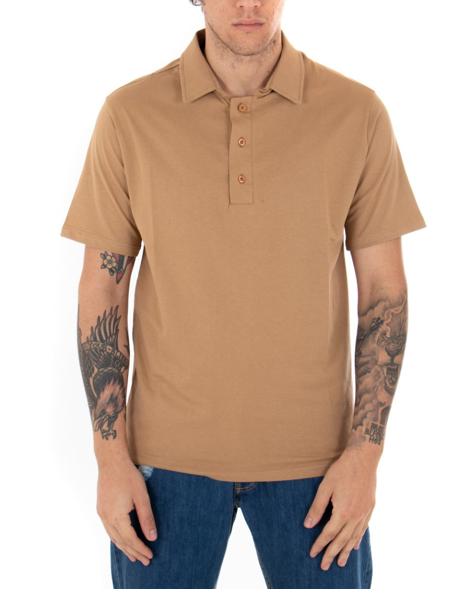 Men's Polo T-shirt Solid Color Camel Collar Basic Buttons Short Sleeves Cotton GIOSAL