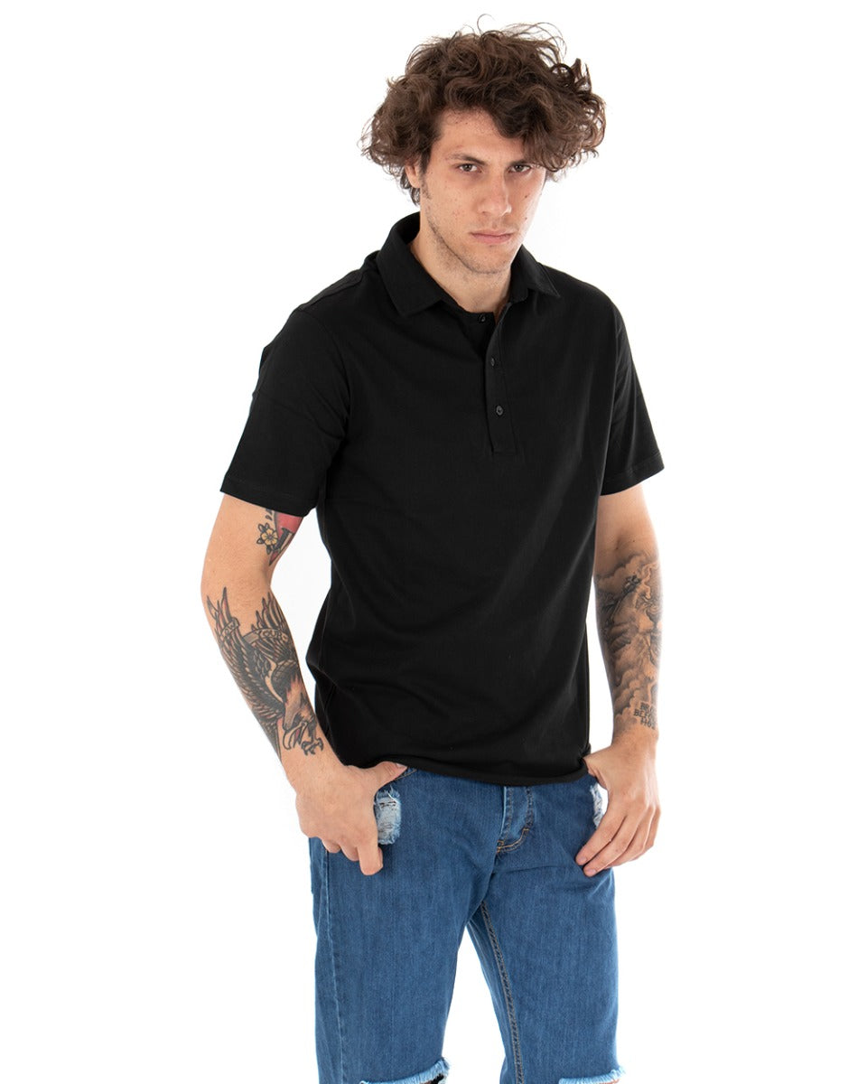 Men's Polo T-shirt Solid Color Black Basic Button Collar Short Sleeves Cotton GIOSAL