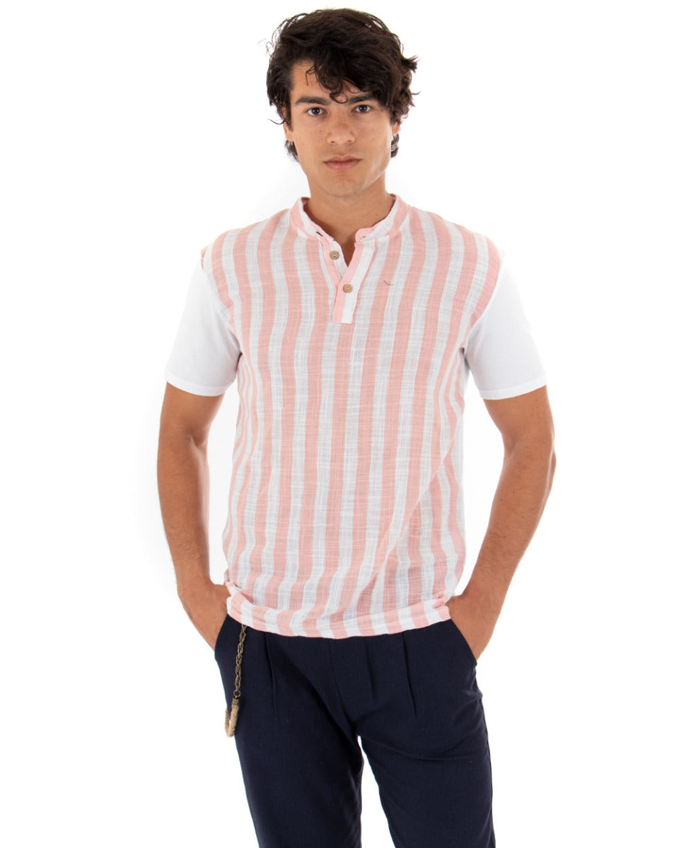 T-shirt Uomo Rigata Maniche Corte Collo Coreano Rosa Casual GIOSAL-TS2561A