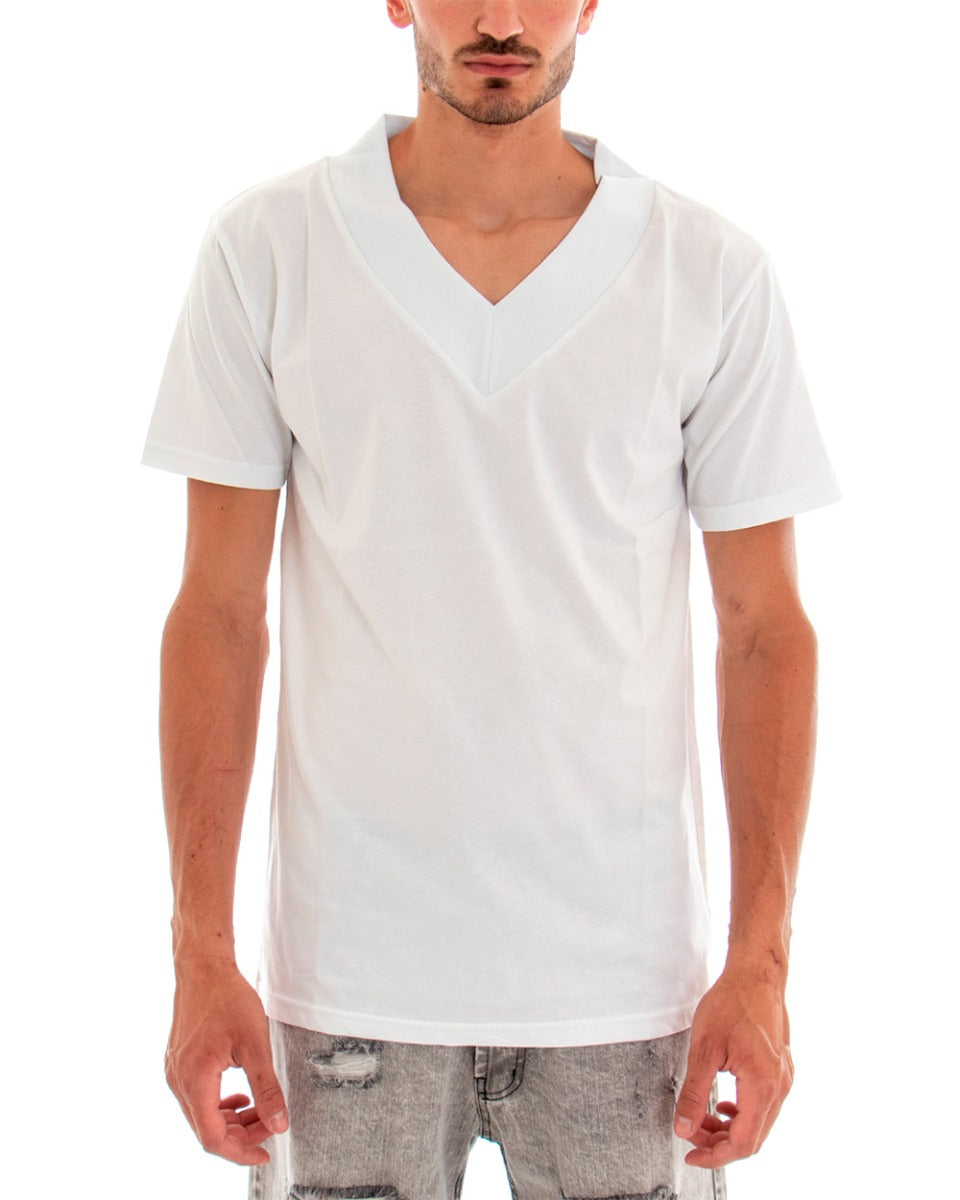Men's T-shirt Short Sleeve V-Neck Solid Color White Cotton GIOSAL
