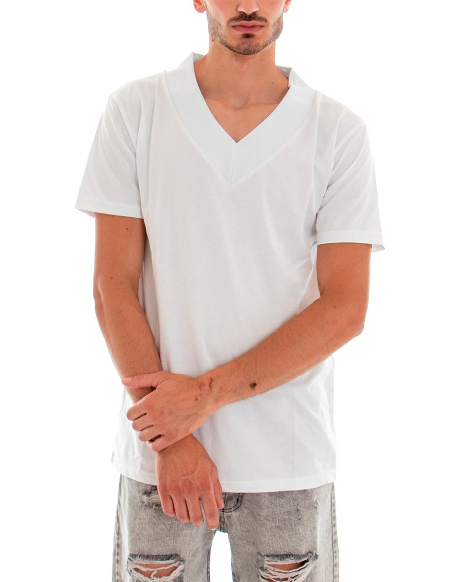 Men's T-shirt Short Sleeve V-Neck Solid Color White Cotton GIOSAL