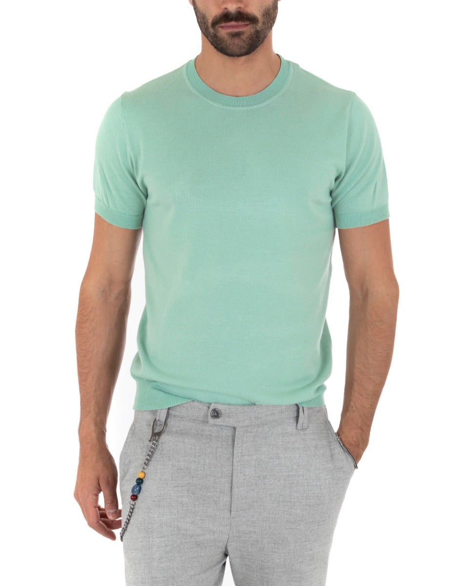 Men's T-Shirt Short Sleeve Solid Color Water Green Round Neck Casual Thread GIOSAL