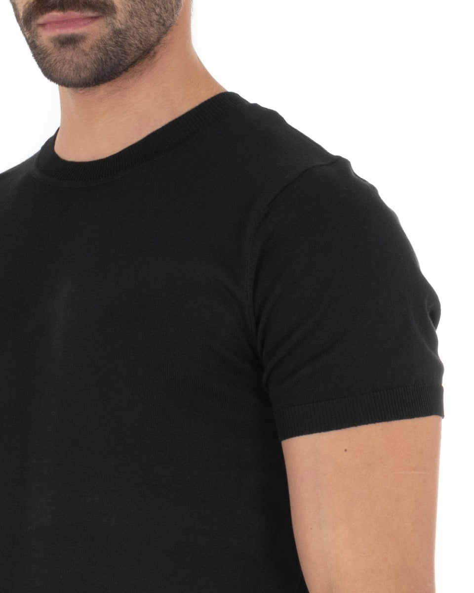 Men's T-Shirt Short Sleeve Solid Black Round Neck Casual Thread GIOSAL