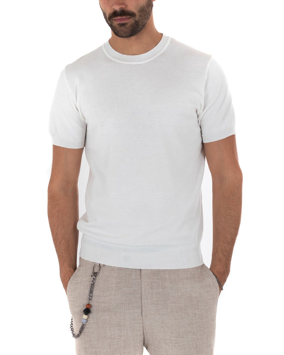 Men's T-Shirt Short Sleeve Solid Color White Round Neck Casual Thread GIOSAL