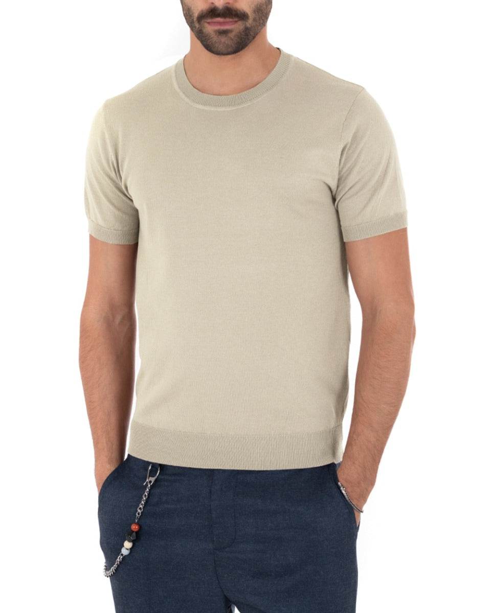 Men's T-Shirt Short Sleeve Solid Color Sand Round Neck Casual Thread GIOSAL