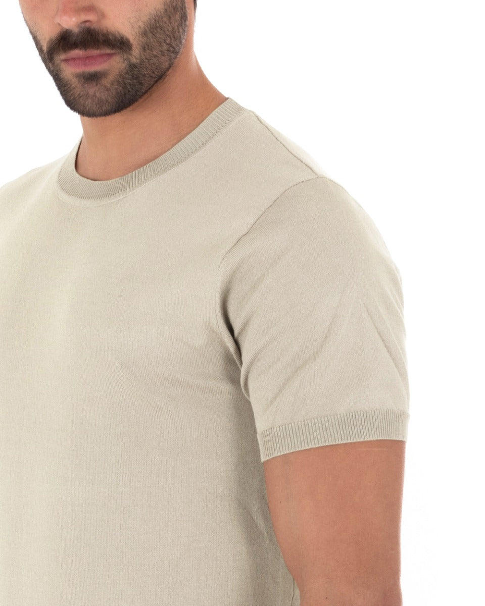 T-Shirt Uomo Maniche Corte Tinta Unita Beige Girocollo Filo Casual GIOSAL-TS2621A
