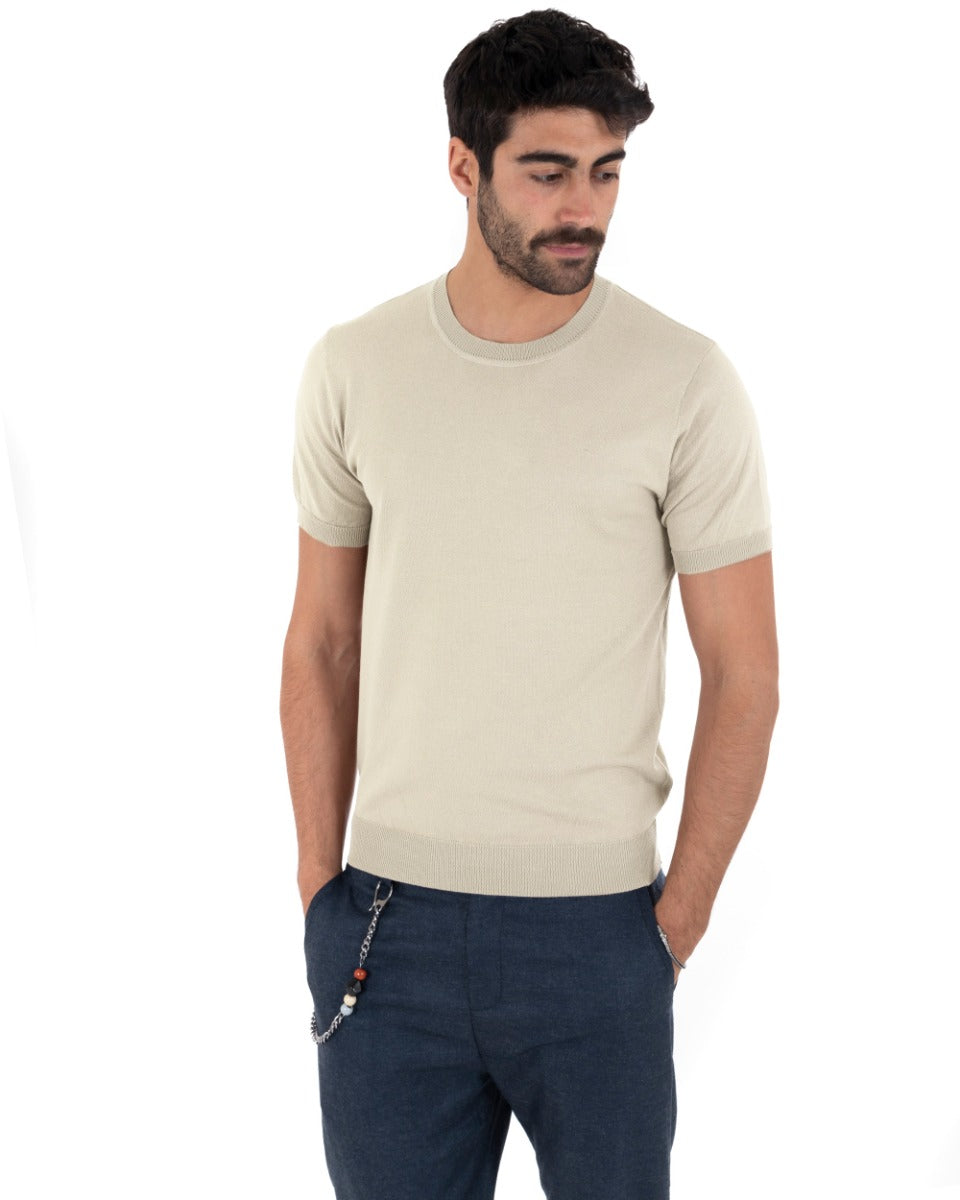 T-Shirt Uomo Manica Corta Tinta Unita Sabbia Girocollo Filo Casual GIOSAL-TS2621A
