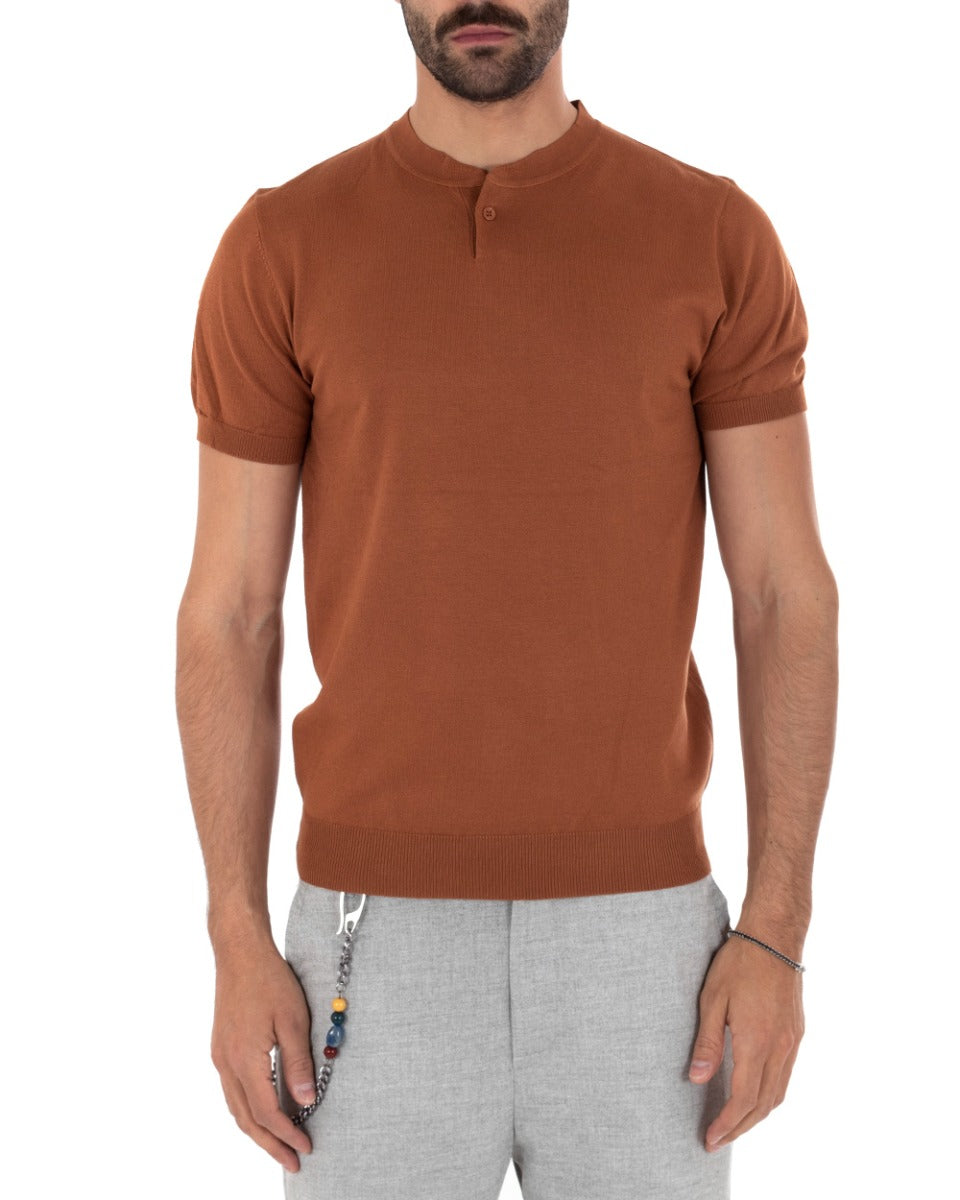 Men's T-Shirt Short Sleeve Solid Color Rust Neckline Buttons Thread Casual GIOSAL