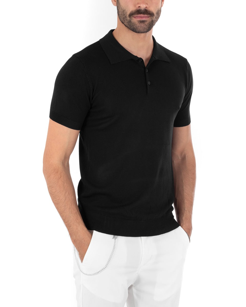 Polo Filo Uomo T-Shirt Manica Corta Con Colletto Bottoni Tinta Unita Nero Casual GIOSAL-TS2632A