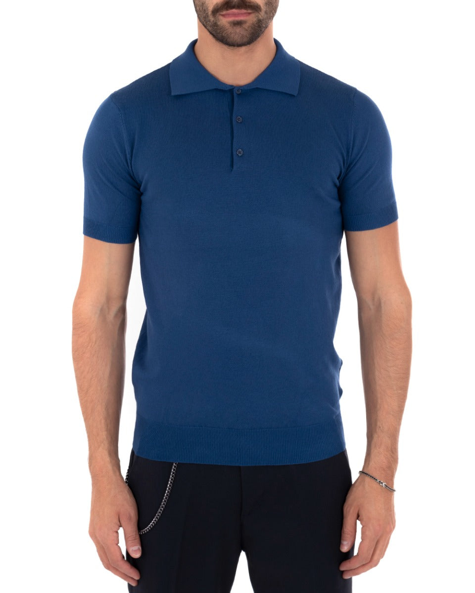 Polo Uomo T-Shirt Manica Corta Tinta Unita Blu Royal Scollo Bottoni Filo Casual GIOSAL-TS2634A
