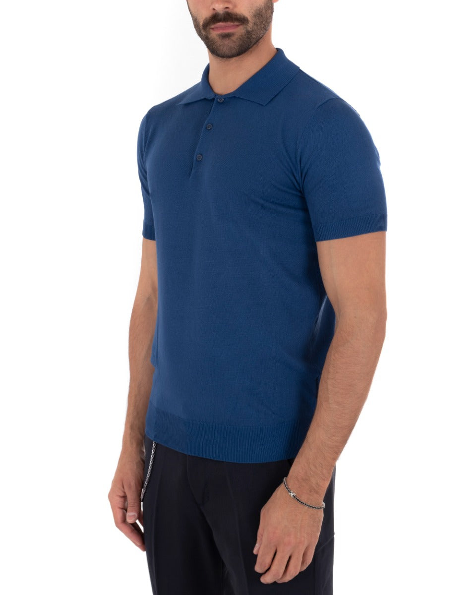 Polo Uomo T-Shirt Manica Corta Tinta Unita Blu Royal Scollo Bottoni Filo Casual GIOSAL-TS2634A