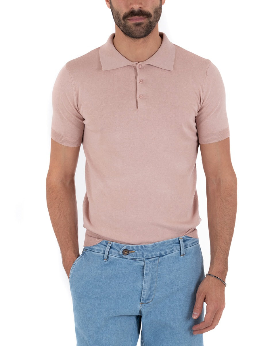 Polo Uomo T-Shirt Manica Corta Tinta Unita Rosa Scollo Bottoni Filo Casual GIOSAL-TS2636A