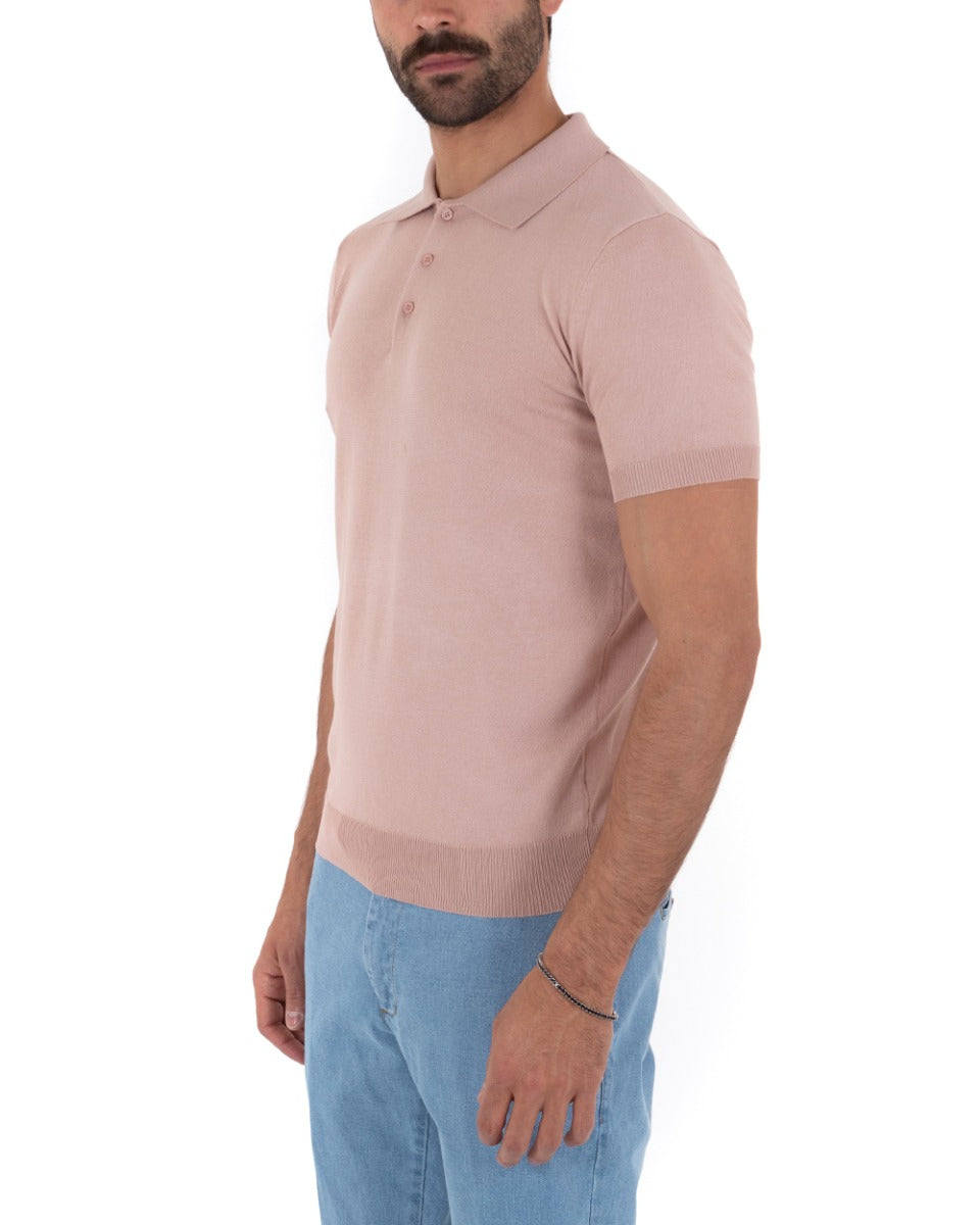 Polo Filo Uomo T-Shirt Manica Corta Con Colletto Bottoni Tinta Unita Rosa Casual GIOSAL-TS2636A