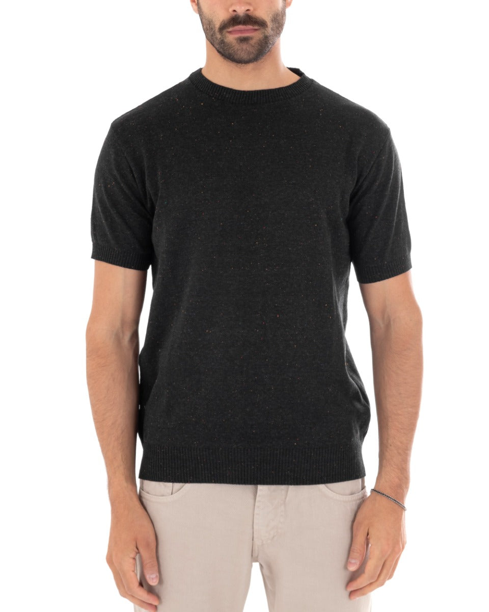 Men's T-shirt Short Sleeve Dotted Melange Casual Black Round Neck Thread GIOSAL