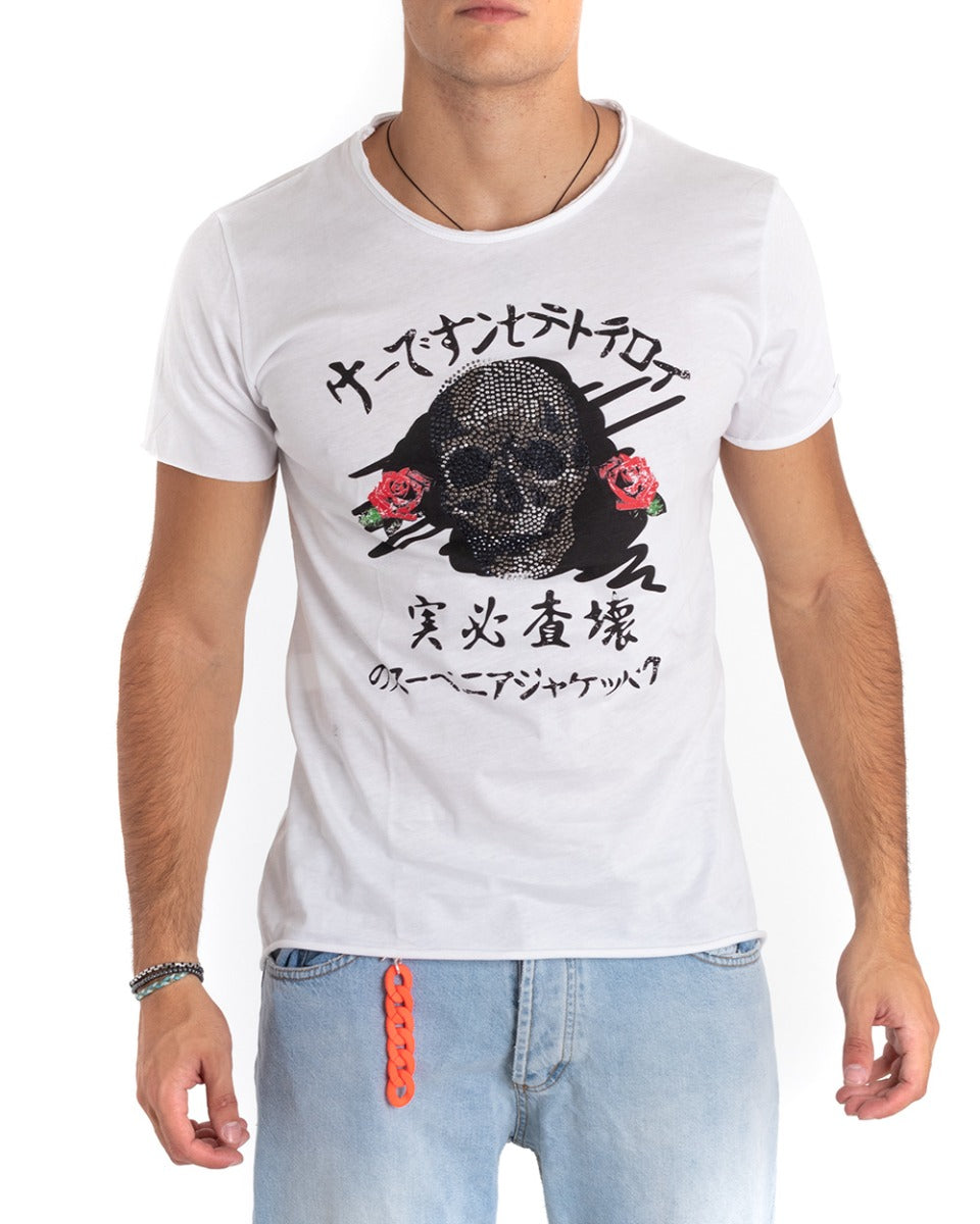 Men's T-Shirt White Skull Print MOD Round Neck Short Sleeve GIOSAL TS2649A