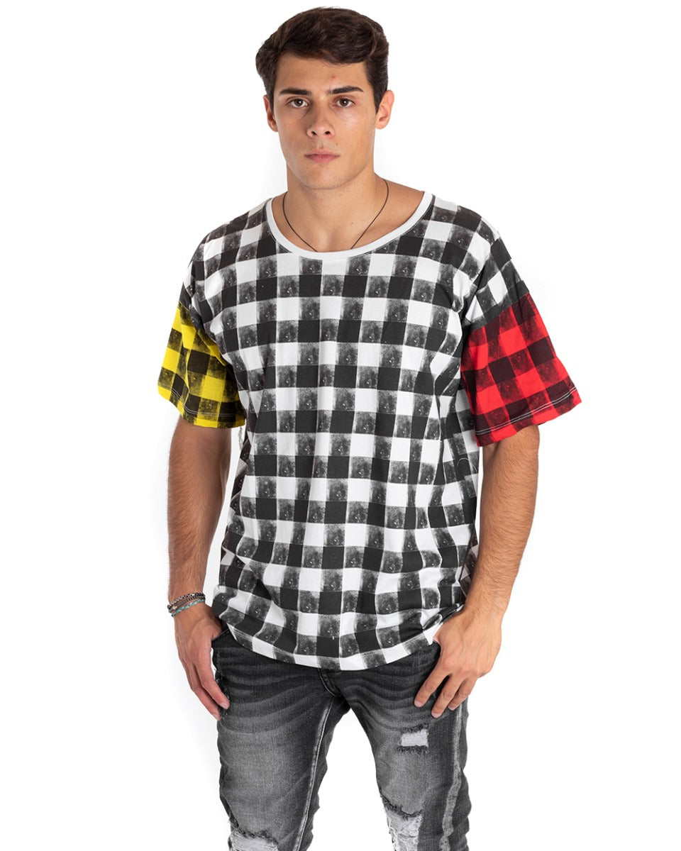 Men's T-Shirt Short Sleeve Plaid Two-Tone Check Round Neck Casual GIOSAL TS2660A