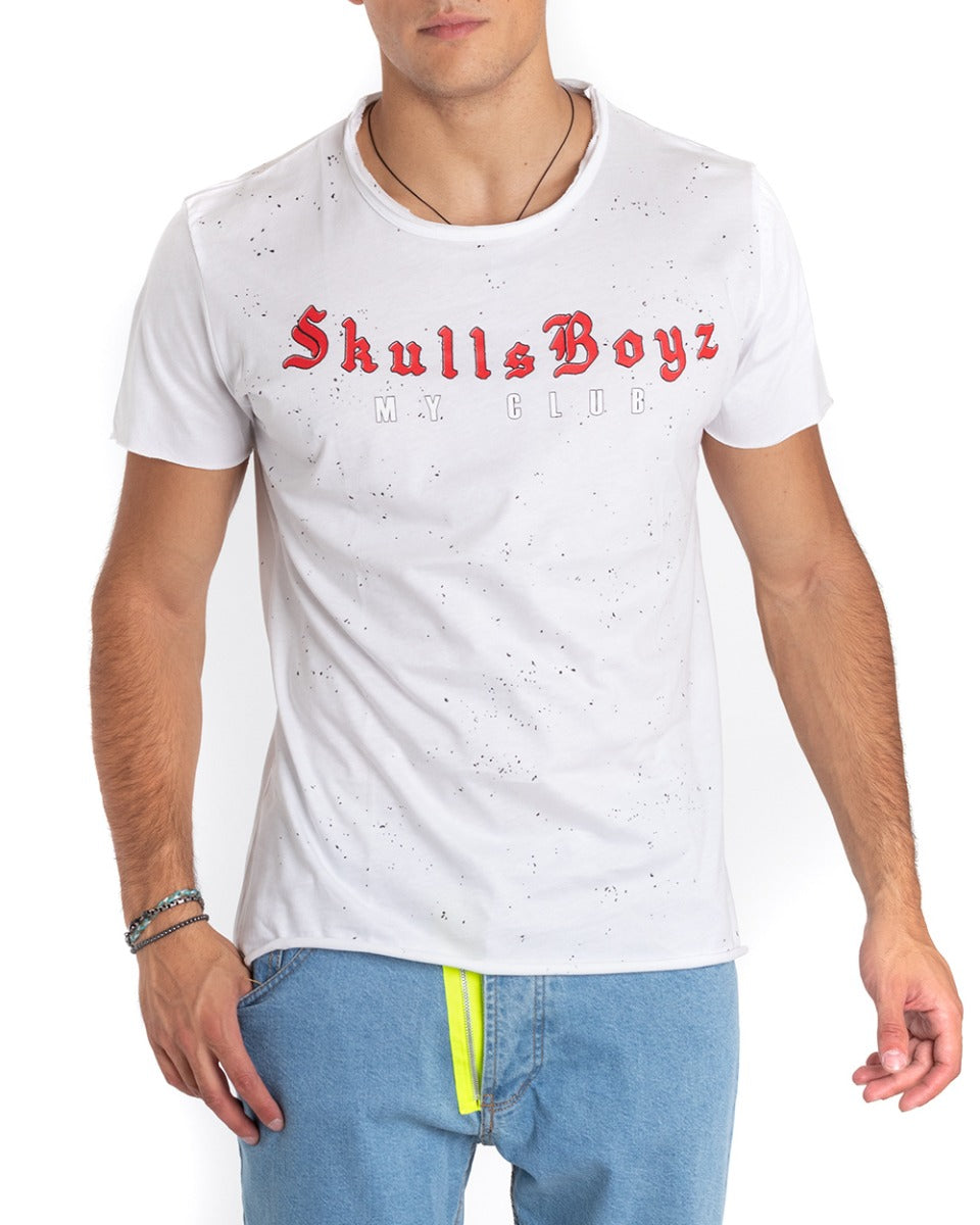 White Men's T-Shirt Painting Stains Skull Writing Print GIOSAL TS2664A