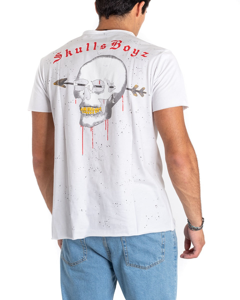 White Men's T-Shirt Painting Stains Skull Writing Print GIOSAL TS2664A