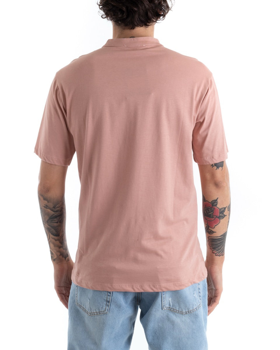 T-shirt Uomo Collo Bottoni Tinta Unita Rosa Manica Corta Basic Casual GIOSAL