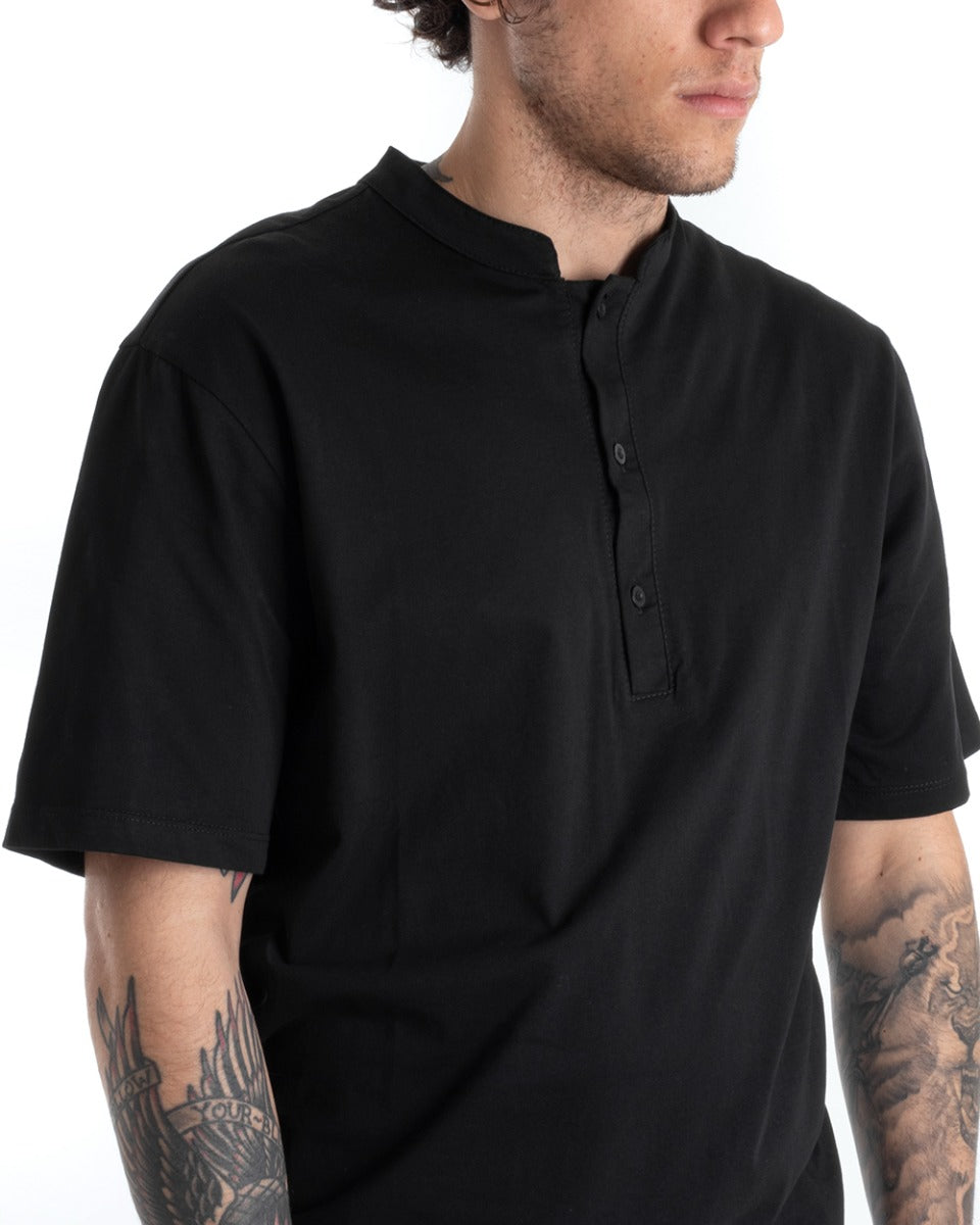 Men's T-shirt Button Neck Solid Color Black Short Sleeve Basic Casual GIOSAL