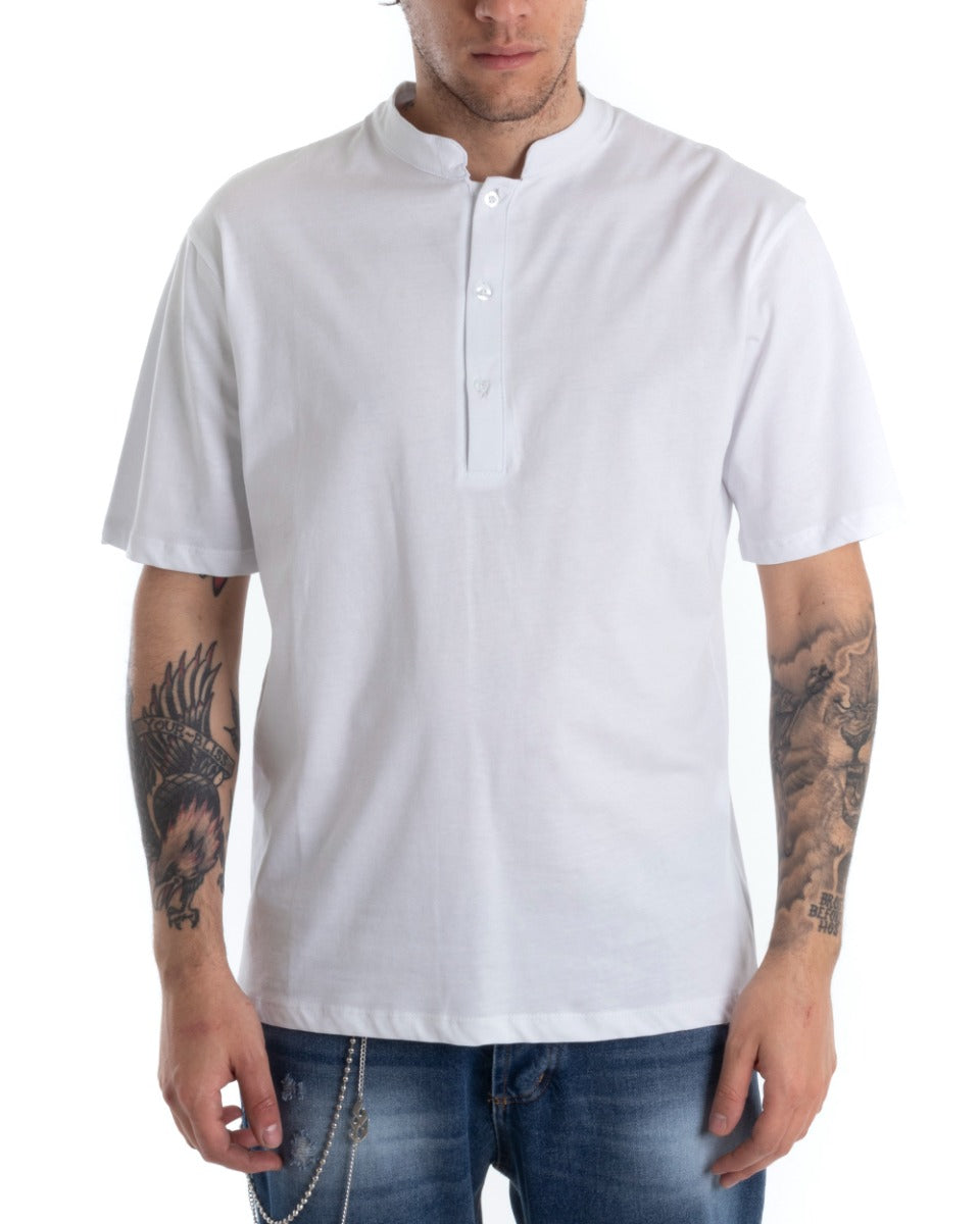 Men's T-shirt Button Collar Solid Color Short Sleeve White Casual GIOSAL