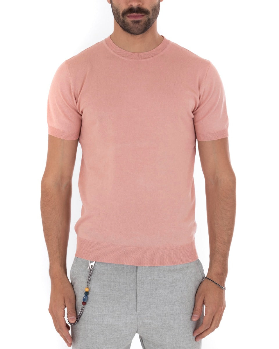Men's T-Shirt Short Sleeve Solid Color Pink Round Neck Casual Thread GIOSAL