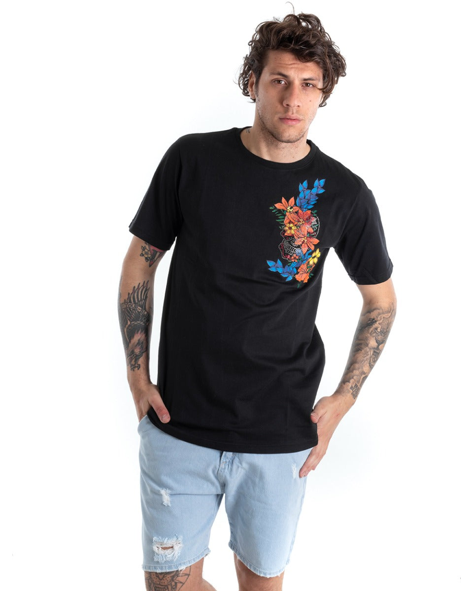 Men's T-shirt Short Sleeve Solid Color Black Flower Embroidery Round Neck GIOSAL