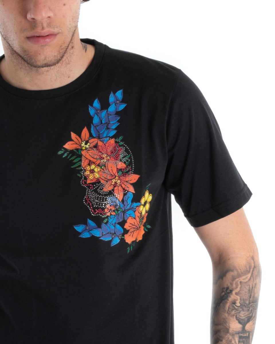 Men's T-shirt Short Sleeve Solid Color Black Flower Embroidery Round Neck GIOSAL