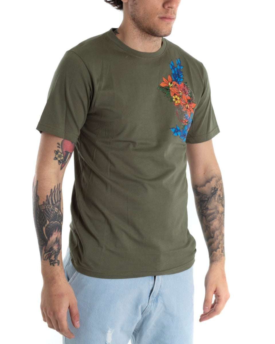 Men's T-shirt Short Sleeve Solid Color Green Flower Embroidery Round Neck GIOSAL