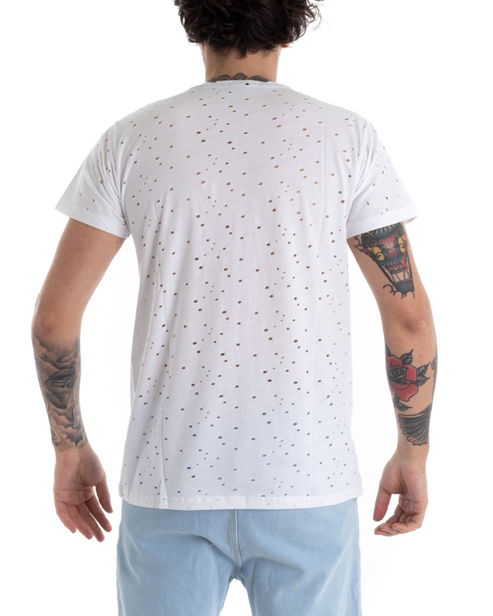Men's T-shirt Short Sleeve Perforated Crew Neck Print Solid White GIOSAL