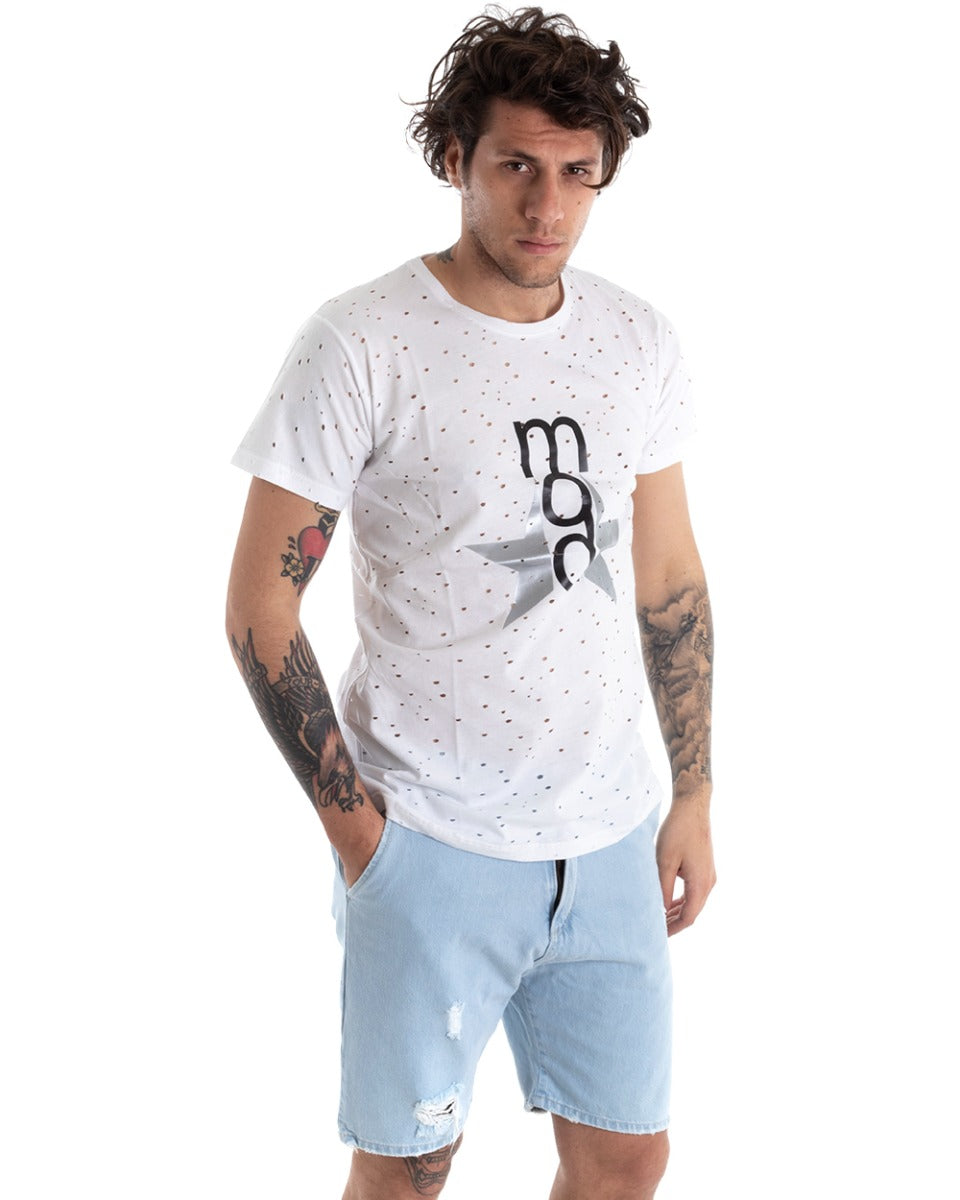 Men's T-shirt Short Sleeve Perforated Crew Neck Print Solid White GIOSAL