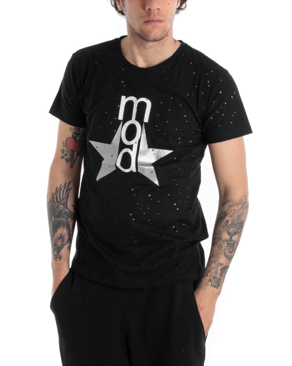 Men's T-shirt Short Sleeve Printed Round Neck Perforated Solid Color Black GIOSAL