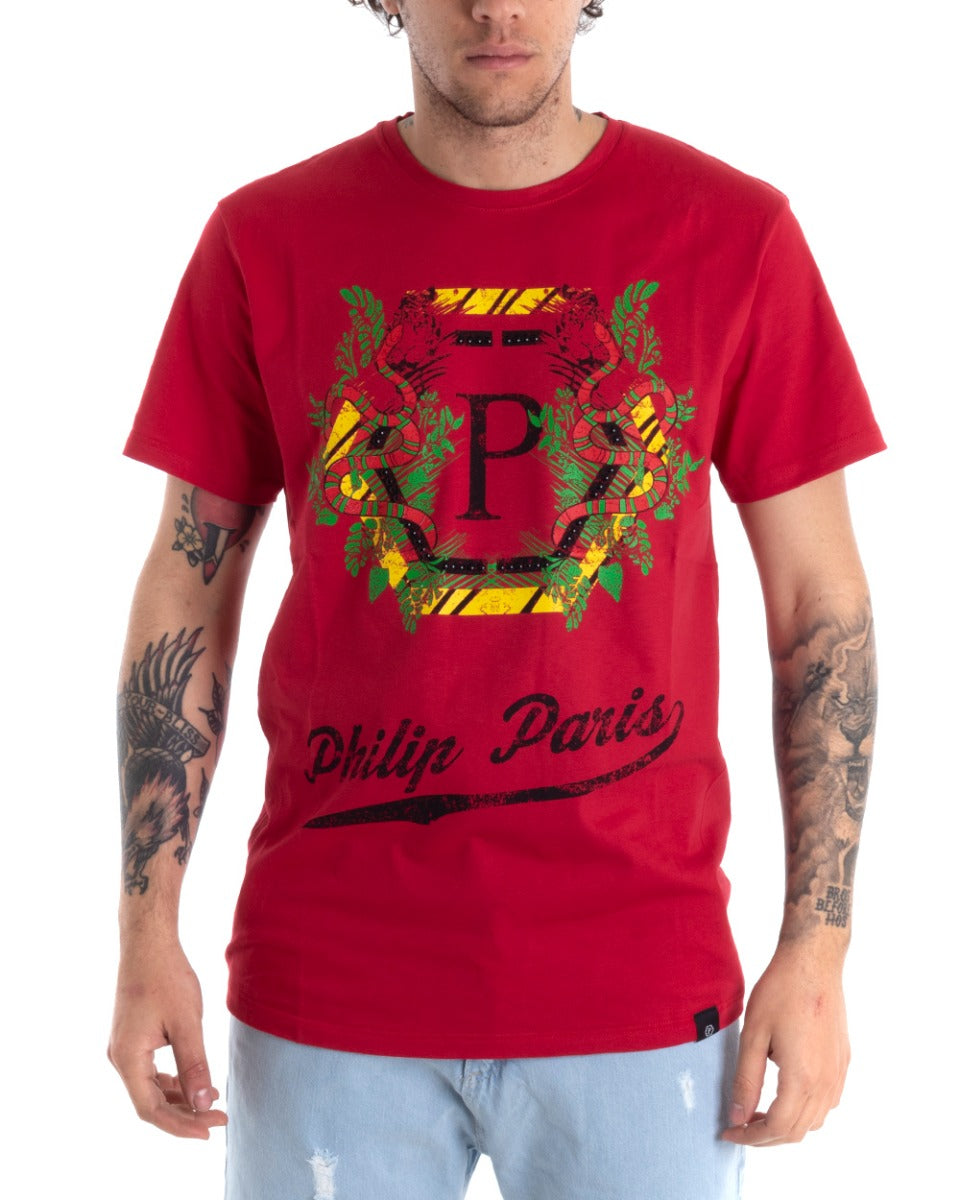 Men's T-shirt Short Sleeve Print Crew Neck Red Casual GIOSAL
