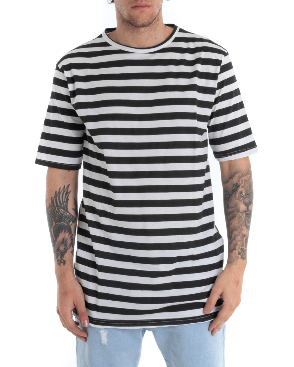 Men's T-shirt Short Sleeve Striped White Black Oversize Crew Neck GIOSAL