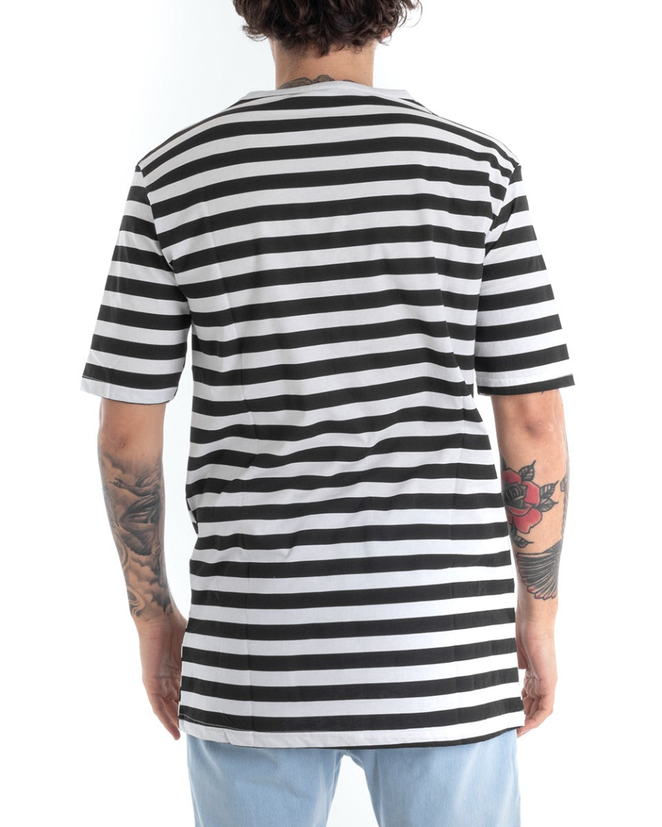 Men's T-shirt Short Sleeve Striped White Black Oversize Crew Neck GIOSAL