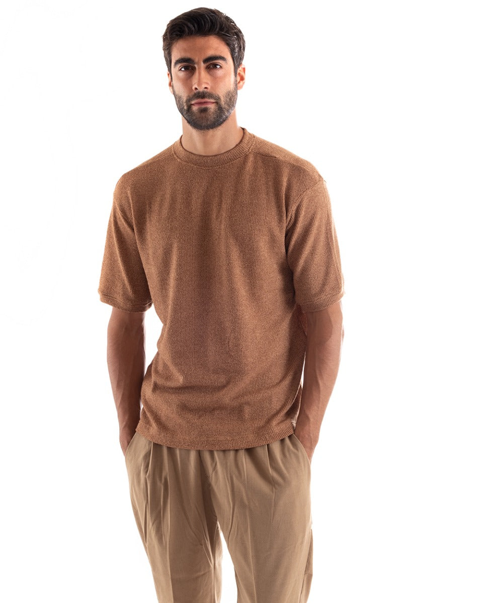 Men's T-shirt Short Sleeve Round Neck Solid Color Camel Casual GIOSAL