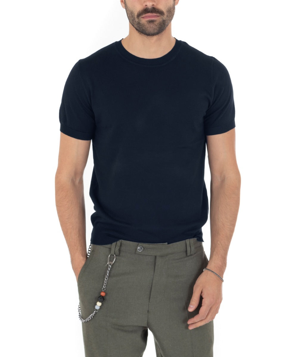 T-Shirt Uomo Maniche Corte Tinta Unita Blu Girocollo Filo Casual GIOSAL-TS2775A