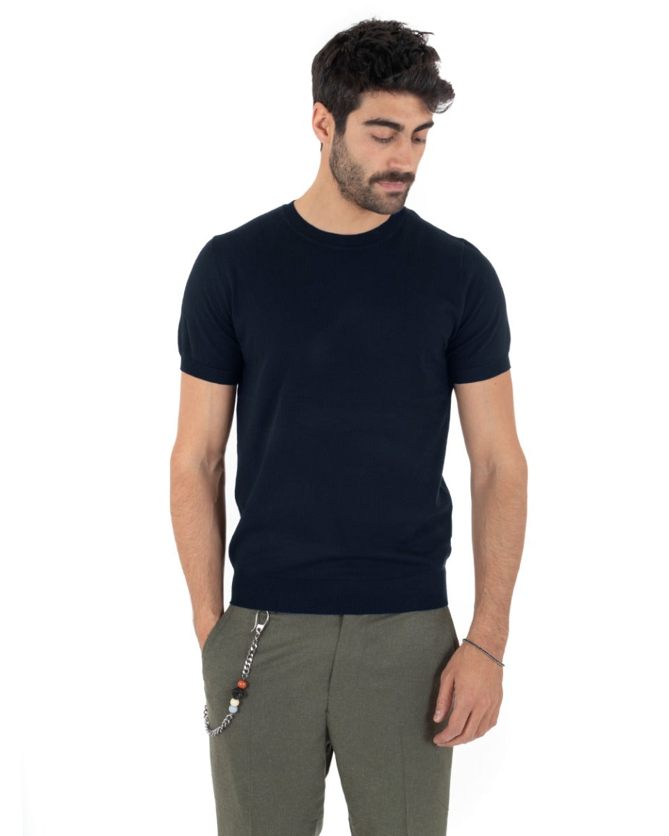 Men's T-Shirt Short Sleeve Solid Color Dark Blue Round Neck Thread Casual GIOSAL-TS2775A