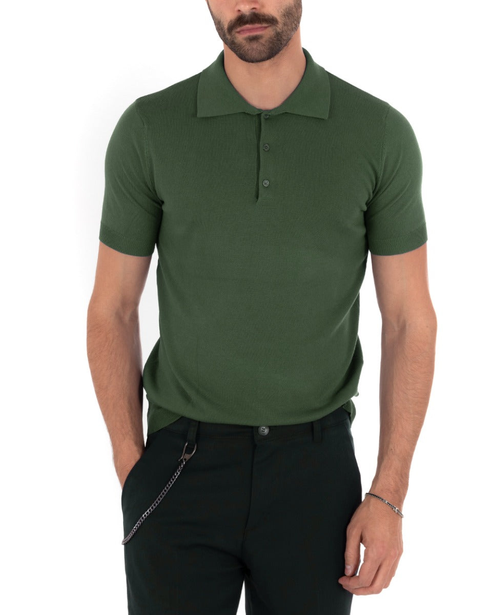Polo Uomo T-Shirt Manica Corta Tinta Unita Verde Scollo Bottoni Filo Casual GIOSAL-TS2777A