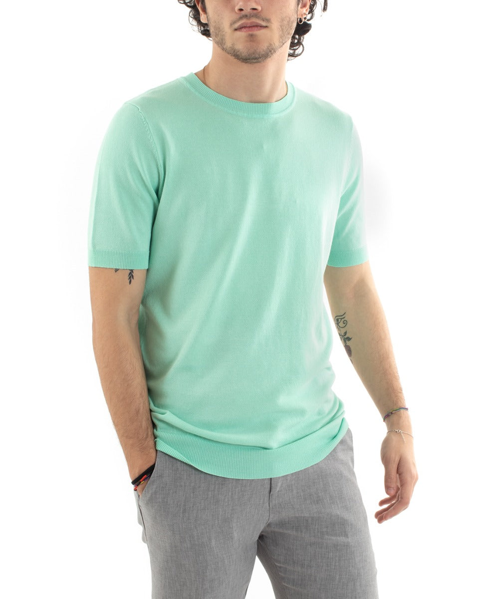 T-Shirt Uomo Manica Corta Tinta Unita Verde Acqua Girocollo Filo Casual GIOSAL-TS2780A
