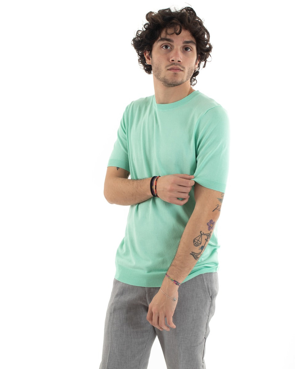 T-Shirt Uomo Manica Corta Tinta Unita Verde Acqua Girocollo Filo Casual GIOSAL-TS2780A
