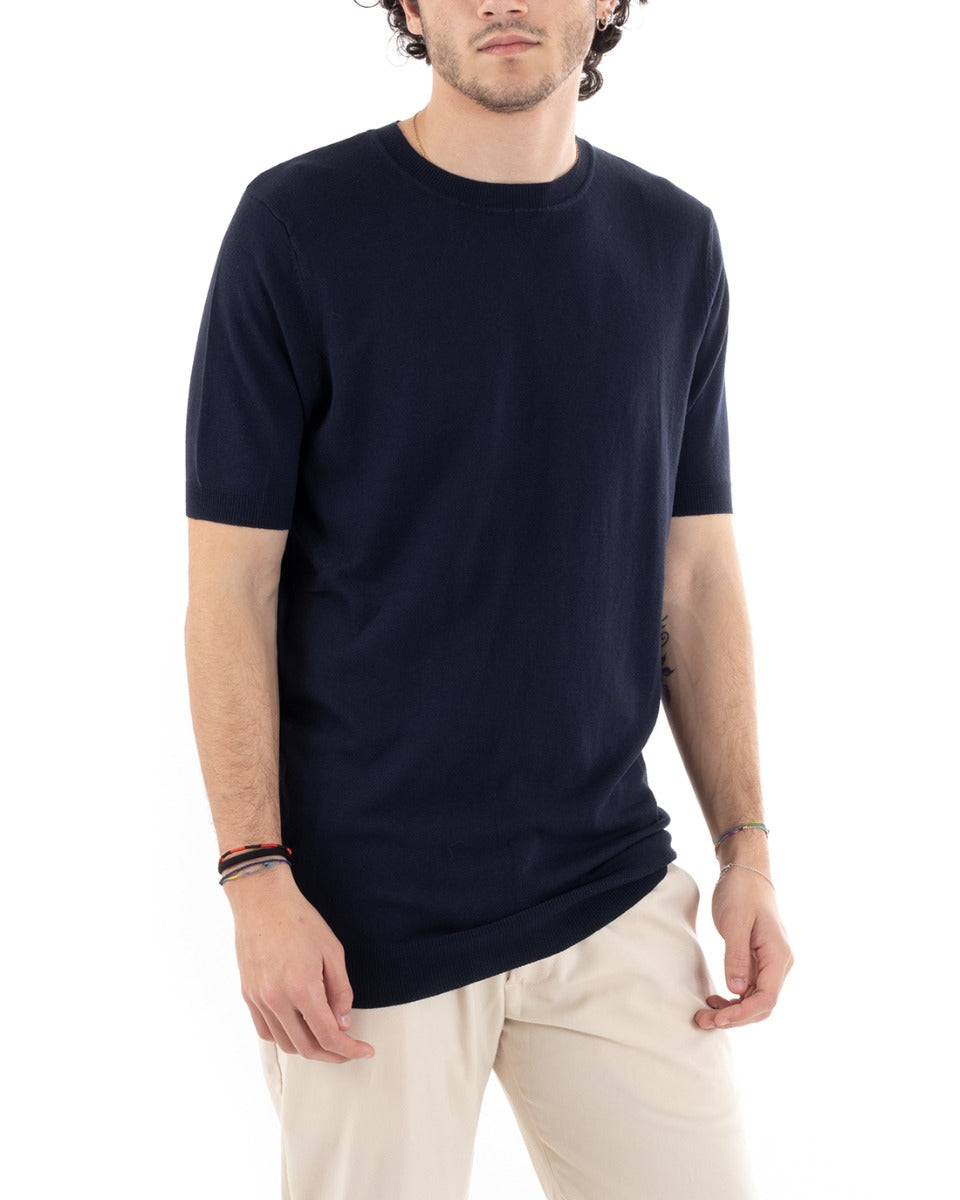 T-Shirt Uomo Manica Corta Tinta Unita Blu Girocollo Filo Casual GIOSAL-TS2783A