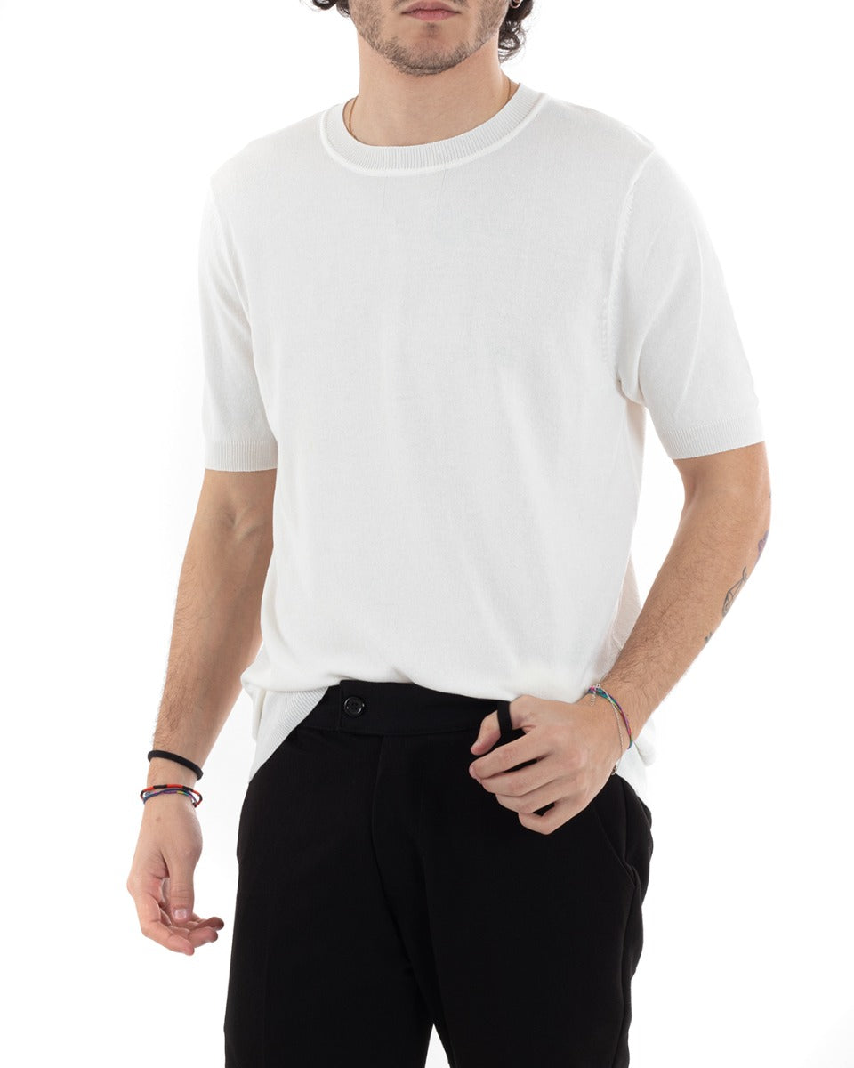 T-Shirt Uomo Manica Corta Tinta Unita Bianco Girocollo Filo Casual GIOSAL-TS2785A