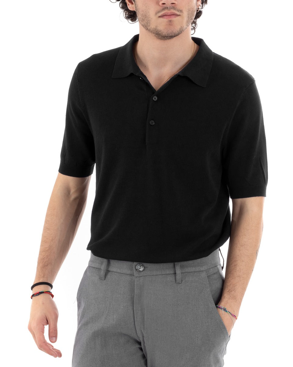 Polo T-Shirt Uomo Manica Corta Tinta Unita Nera Filo Casual GIOSAL-TS2787A