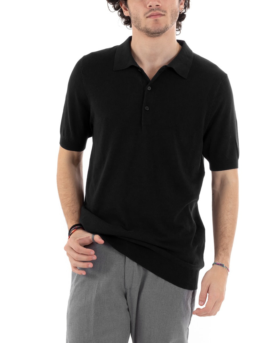 Polo T-Shirt Uomo Manica Corta Tinta Unita Nera Filo Casual GIOSAL-TS2787A